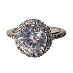 Silver Tone Halo Cocktail Ring Band 925 CZ Round Rhinestones Size 8.5 Gift